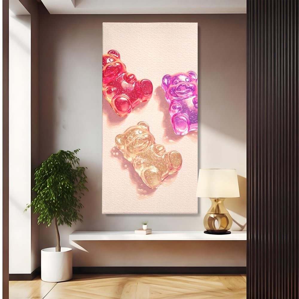 Tablou canvas cu tablou canvas cu trei ursuleti gelee, fara rama, pe sasiu de lemn